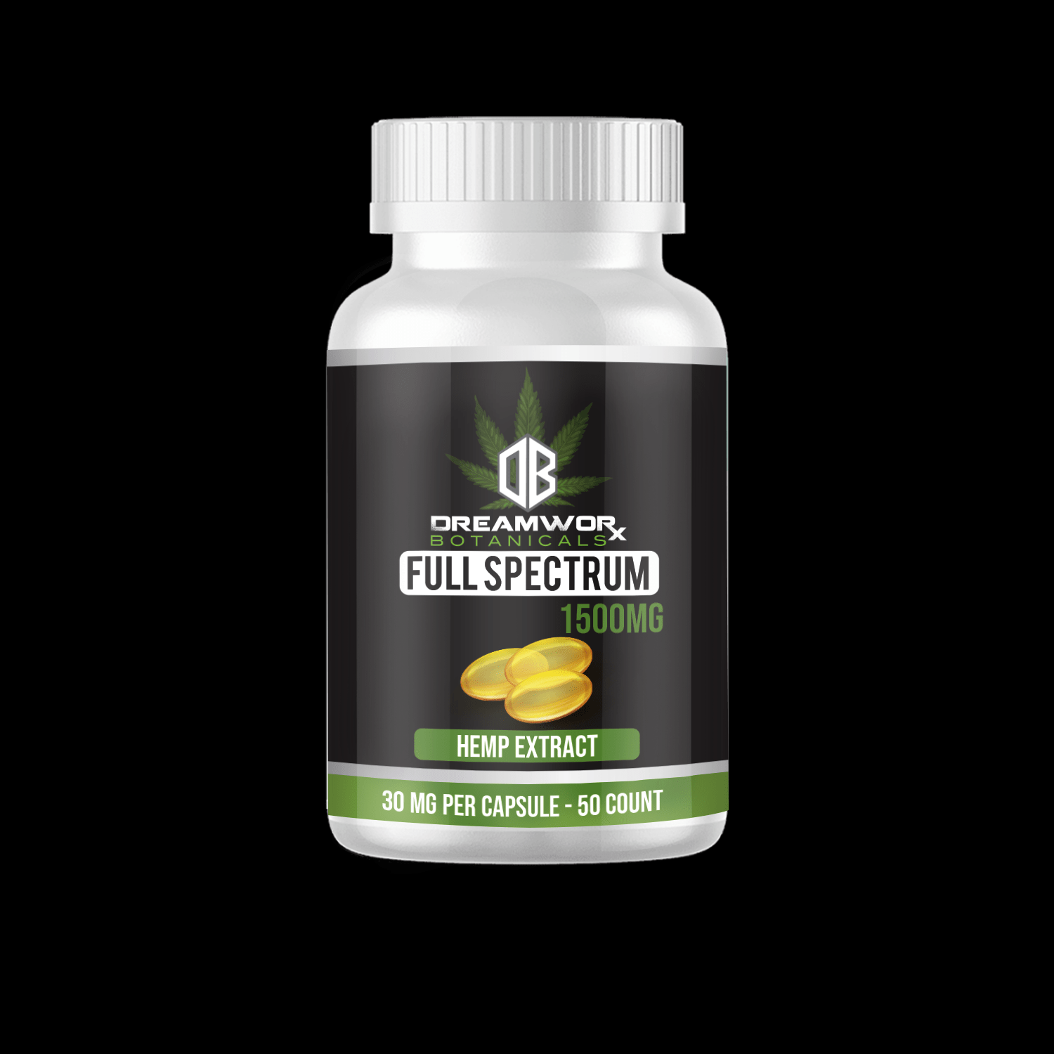 Cannabis THC Poteau DreamWoRx Botanicals CBD Full Spectrum Gel Capsules Gummies Cannabis THC Tinctures Oils Poteau Oklahoma DW Gel Caps Bottle-Mock-up-black BG